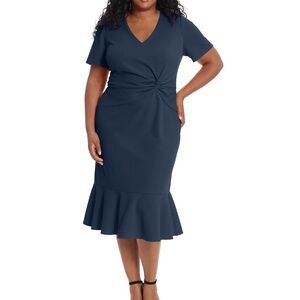 London Times Women's Flounce Midi Twist Dress V Neck, Navy Blue, Size 10P